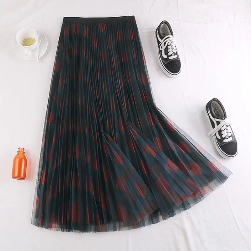 REALEFT весна лето 2020 новые винтажные клетчатые сетчатые тюлевые длинные