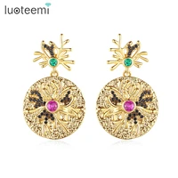 luoteemi gold deer round drop earrings for women cz crystal flower pattern fashion jewellery wedding birthday christmas gift