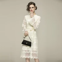 women spring elegant lace hollow out v collar dress high quality designer party robe lady vintage flare sleeve knee length dress