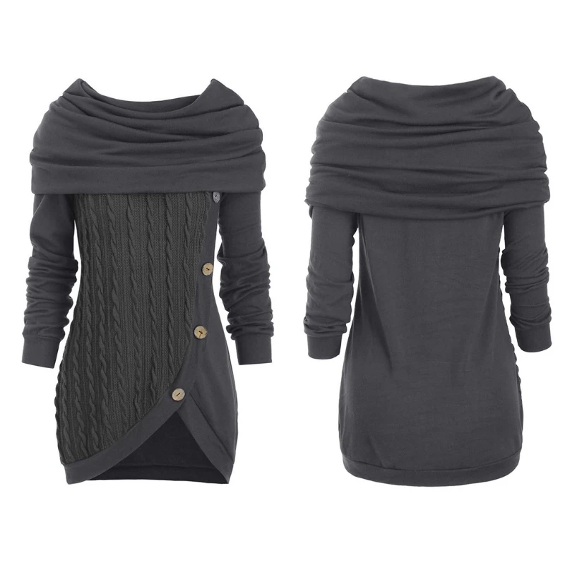 

Women Long Sleeve Hooded Cowl Neck Sweater Button Decor Asymmetric Hem Pullover Tunic Top Solid Color Cable Knit Patchwork Jumpe
