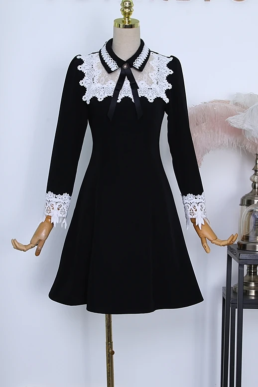 

2020 winter lapel long sleeve lace flowers tall waist socialite dress of bitter fleabane bitter fleabane A word
