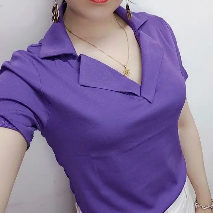 

2021 summer new T-shirt with Lapel stripe T-shirt short sleeve T-shirt women's collar cotton top