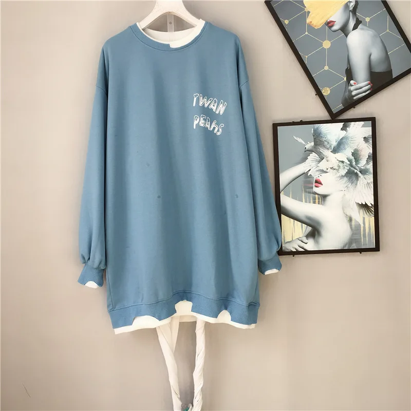 

2020 Autumn New Korean Loose Oversize Thin Fake Two-piece Casual Long-sleeved T-shirt Simple Solid Color Women Top Free Shipping