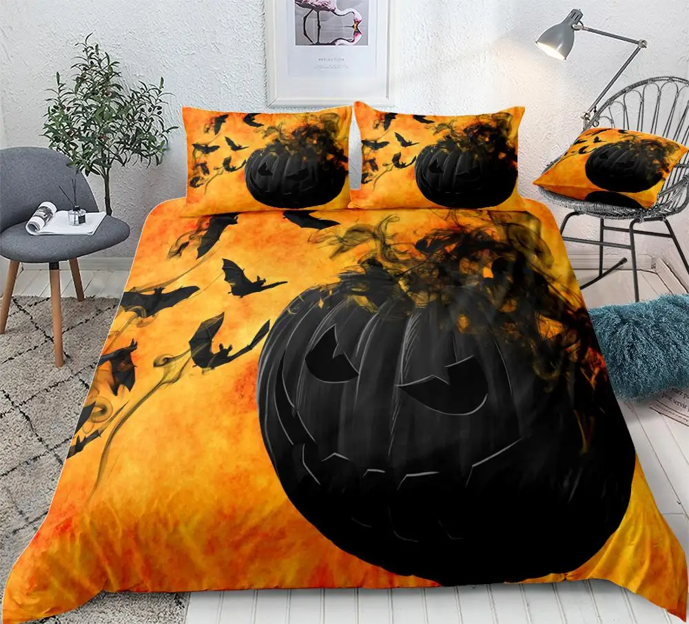 

Halloween Pumpki Duvet Cover Set Black and White Background Bat Halloween Beds Set Home Textiles Microfiber For Boys Kids