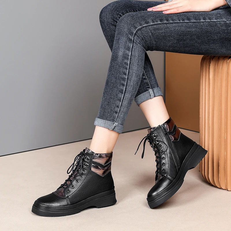 

COVIBESCO Autumn Winter Women Ankle Boots Genuine Leather Shoes Woman Concise Zipper Cross-Tied Casual Low Heels Boots Fashion