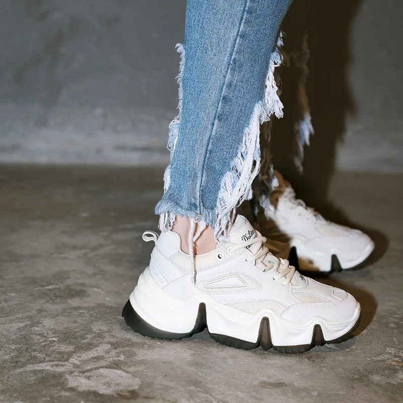 

Кроссовки женские из натуральной кожи, повседневная обувь на платформе, дышащие, толстая подошва, белые