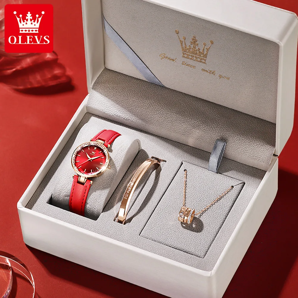 

OLEVS Fashion Watches for Women Luxury Diamond Leather Quartz Wristwatch Ladies waterproof Bracelet gifts Set Montre femme 6645