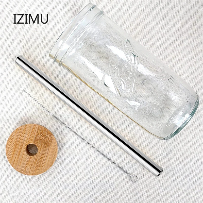 

24oz Reusable Straw Cup with Wooden Lid Smoothie Glass Cup and Straw for Bubble Tea Boba Milk Fruit Drinking Cup Clear Mason Cup