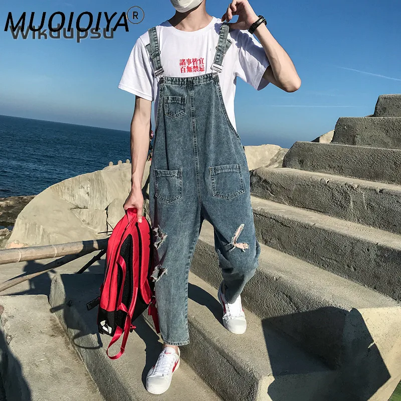 

Комбинезон мужской джинсовый с дырками, Модный повседневный Свободный комбинезон в Корейском стиле, на подтяжках, одежда для колледжа, весн...