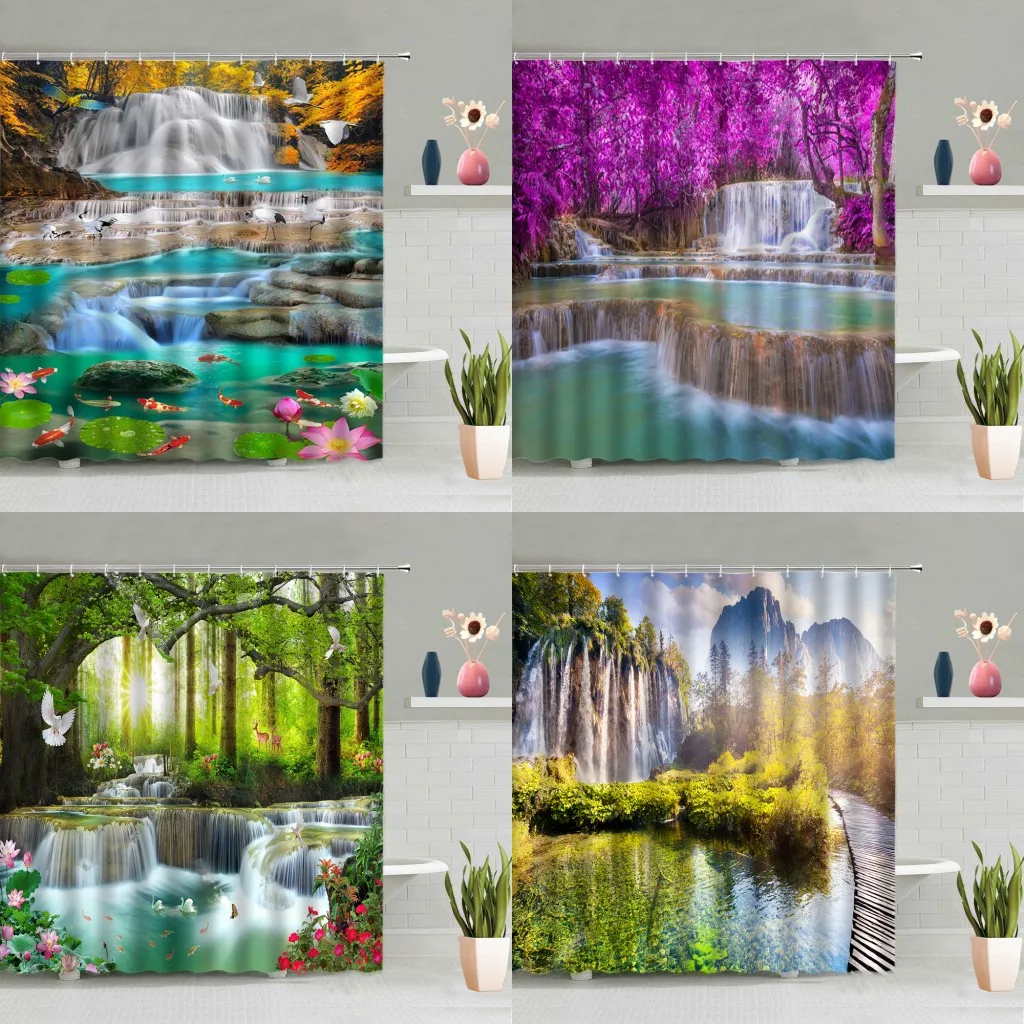 

Waterfall Shower Curtain Natural Scenery Forest Tree Plants Flowers Lotus Fish Mountain Bathroom Decor Screen Washable With Hook