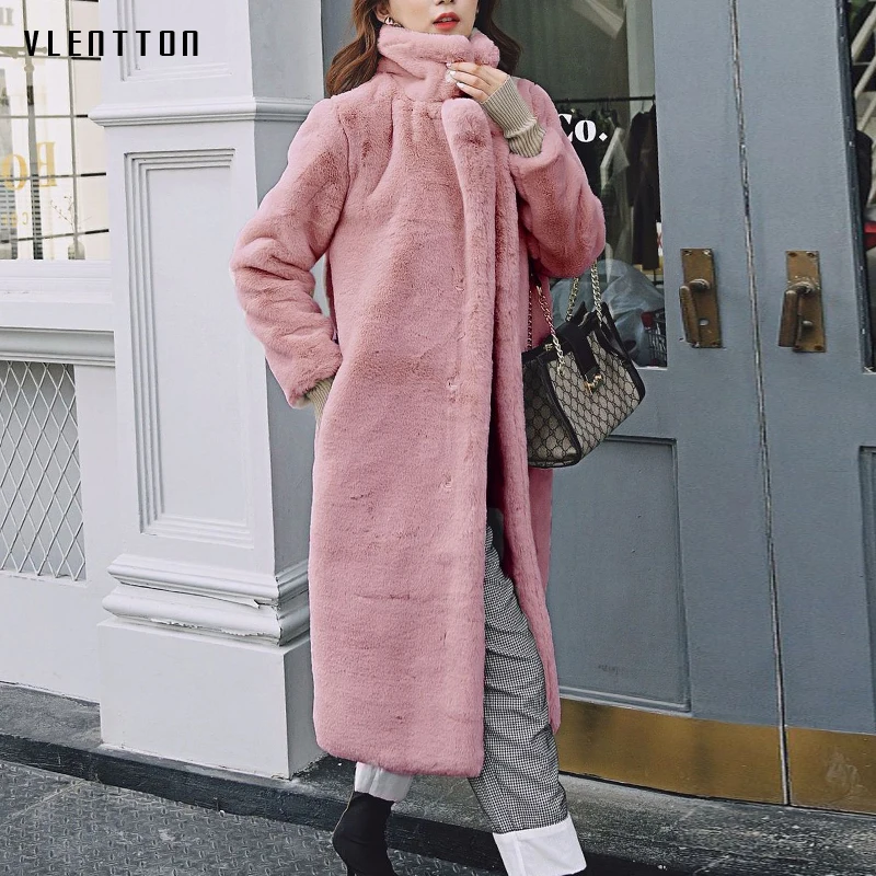 Женская длинная куртка из искусственного меха Повседневная утепленная розовая в