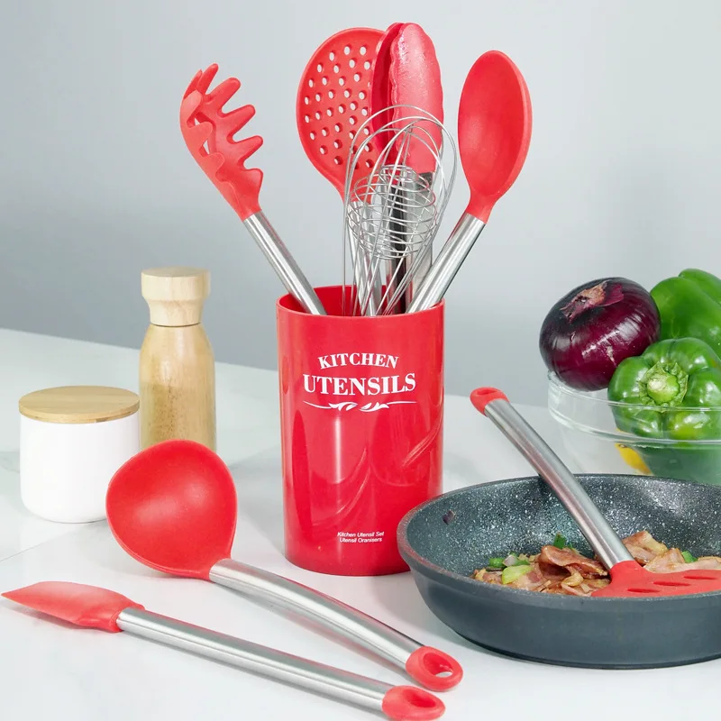 

9-piece Non-stick Spatula Set with Stainless Steel Handle Silicone Kitchenware Set with Kitchen Barrel Silicone Kitchenware Set