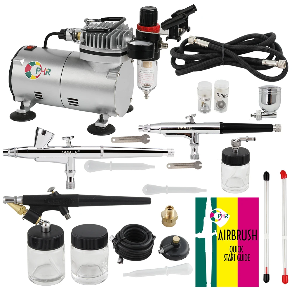 OPHIR 3-Airbrush Kit (4 Nozzles Replacement) w/ Air Compressor & Air Filter for Body Paint Model Hobby Makeup _AC089+071+073+074