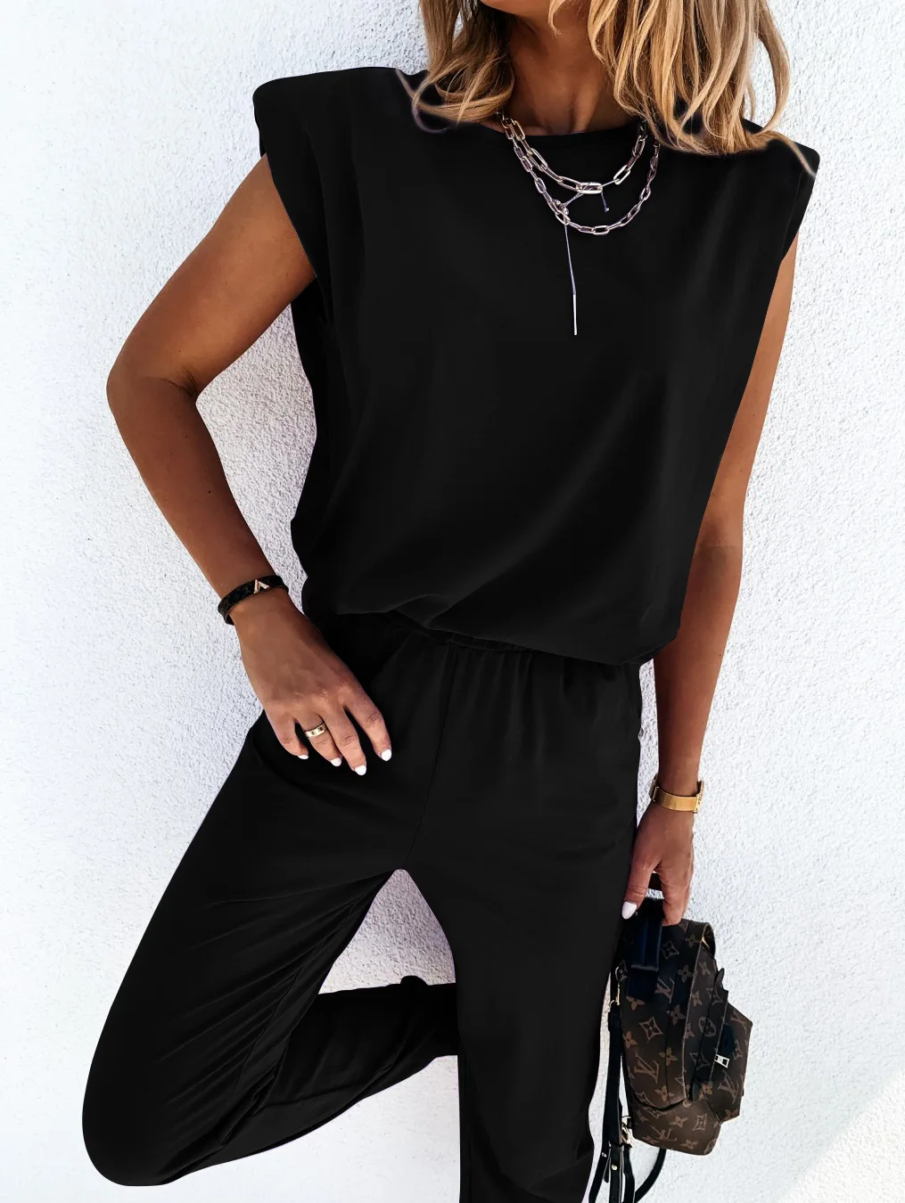 

Women Solid Color Shoulder Pad T-shirt And Pants Two-piece Suit Sleeveless Summer New Fashion Leisure Sets Woman Tracksuit
