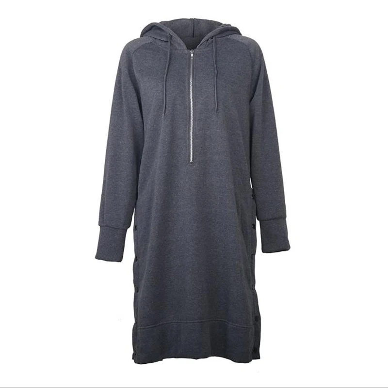 

Women Long Hooded Long Sleeve Long Slit Sweater Dress Loose Autumn Solid Color Plus Size Snap Button Dresses