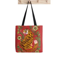 2021 shopper tiger folk art tote bag printed tote bag women harajuku shopper handbag girl shoulder shopping bag lady canvas bag