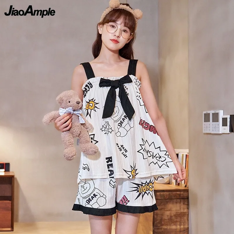 Summer Thin Knitted Cotton Pajamas Women Cartoon Cute Nightie 2021 New Suspender Shorts Sleepwear Two-Piece Casual Home Clothes