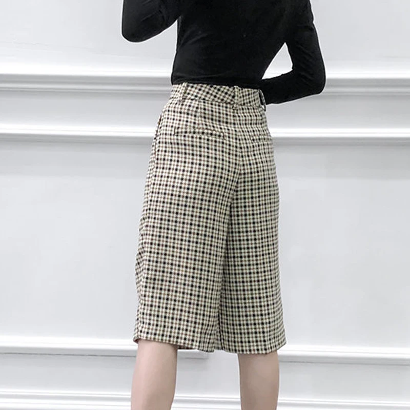 Женские брюки в клетку с высокой талией повседневные Прямые свободные карманами