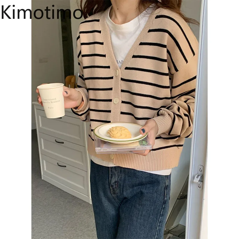 

Кардиган Kimotimo женский полосатый с V-образным вырезом, свитер с длинным рукавом, пальто в Корейском стиле, модный винтажный нежный кроп-карди...