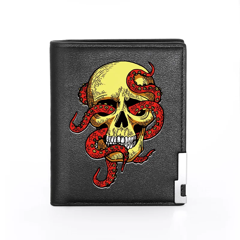 

Men Wallet Leather Squid Skull Cover Printing Billfold Slim Credit Card/ID Holders Inserts Money Bag Male Pocket Short Purses