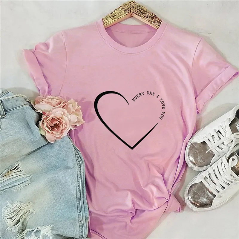 

Plus Size S-5XL Women's T-shirts New Heart Print T Shirt 100%Cotton T-shirt Oversize O Neck Short Sleeve Tees Summer Clothing