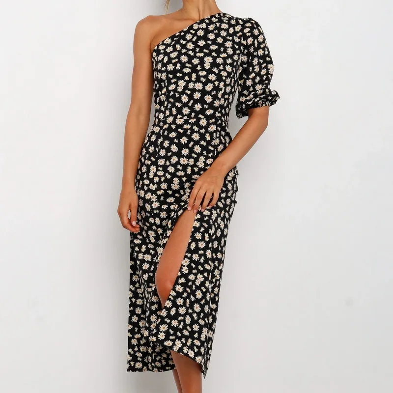 

Summer Women's High End Fashion Single Shoulder Floral Chiffon Slant Shoulder Bubble Sleeve Hem Split Print Dress
