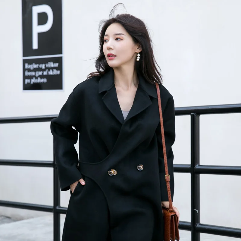 Женское кашемировое Двустороннее пальто из нейлона Свободное длинное шерстяное