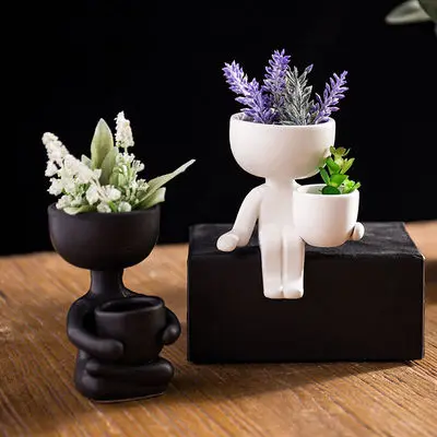 

Humanoid Ceramic Flower Pot Character Sitting Posture Sculpture Vase Desktop Flower Arrangement Container Couple Gift Ornaments