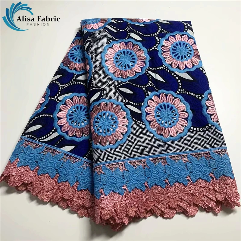 

6 Yards Top Quality African Wax Print Lace Fabric Cotton Embroidery Wax Brode African Lace Brocade Fabric For Dress Material B34