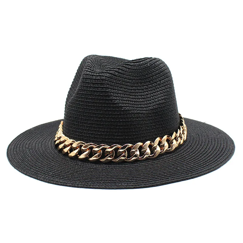 

4pcs Straw Hat With Chain Summer Beach Hats Women Men Jazz Panama Caps Travel Holiday Sun Protective Cap Man Sunhat Sunhats