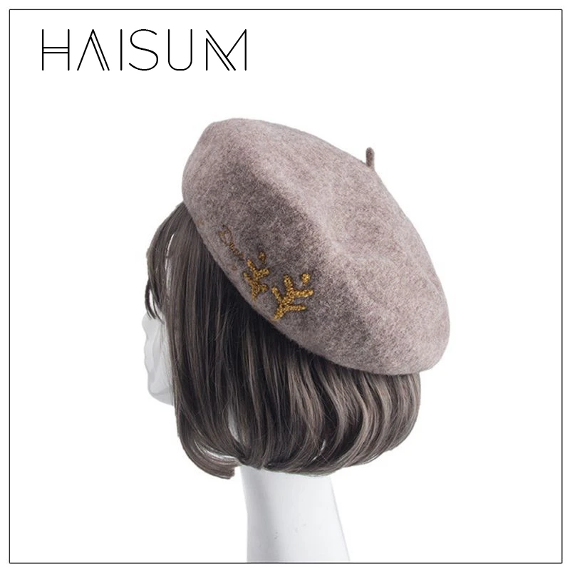 2018 женский шерстяной настоящий Зимний новый трендовый берет с вышивкой Дамская