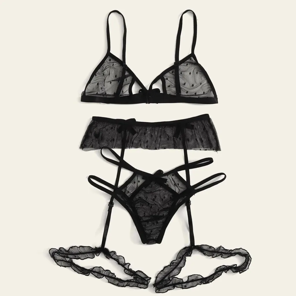 

3Pcs Mesh Transparent Sexy Lingerie Underwear Women Set Hollow Sexy Sensual Lingerie Seamless Bra Panties Garter Brief Sets