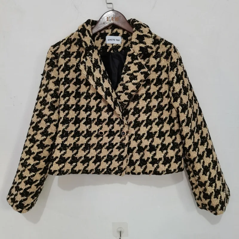

[EWQ] 2021 Spring Female Turn Down Collar Double Breasted Minimalist Loose Plaid Cotton Heavy Tweed Jacket Cardigan Coat 8D1115