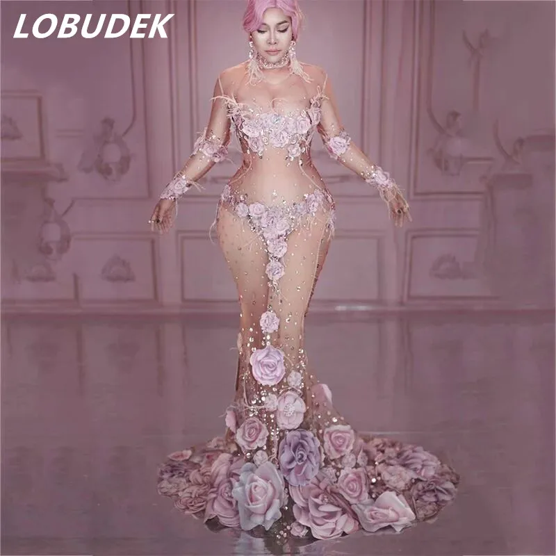 Новое длинное Сетчатое платье с розовыми цветами сексуальное прозрачное