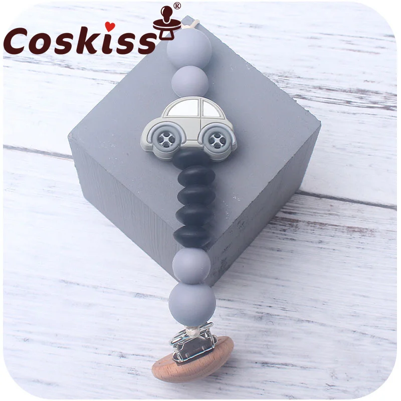 

Coskiss New Baby Products Beech Wood Toy Teether Baby Comfort Silicone Car Pacifier Chain Baby Teether Anti-drop Chain Gift