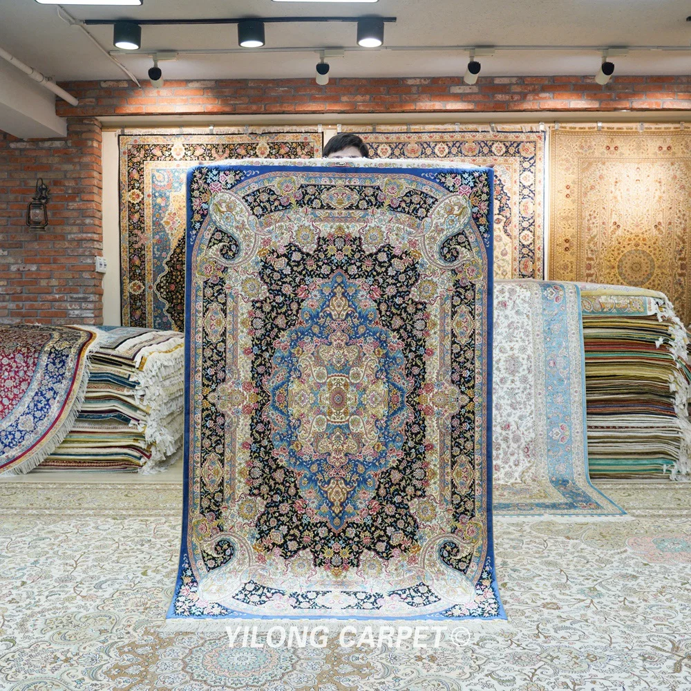 YILONG 4 'x 6' Восточный шелковый ковер черный медальон выгодные шелковые коврики