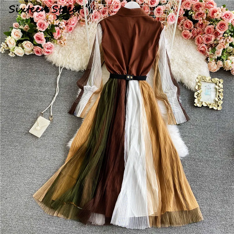 Платье женское весенне-осеннее с рукавом Сетчатое платье-фонарь воротником-поло