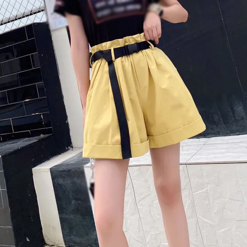 

Women Wide Leg Shorts Elastic Waist Solid Color Casual With Belt