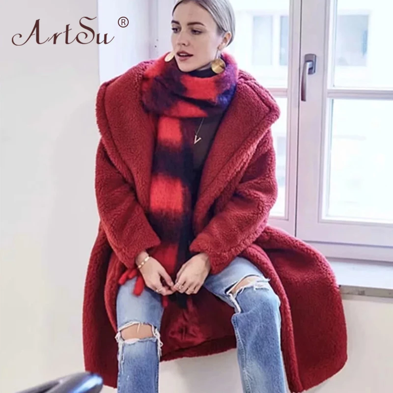 Женское длинное пальто из искусственного меха ArtSu розовое повседневное плюшевое