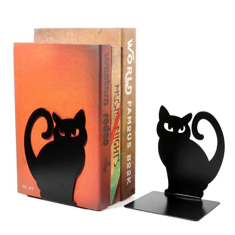 

2Pcs Decorative Hollow-out Iron Bookends Persian Kitten Hollow Design for Heavy Books Anti-Slip Metal Book Stoppers Bookends