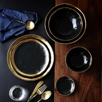 phnom penh black and white gold ceramic tableware plate steak plate western food plate rice bowl noodles bowl small dish