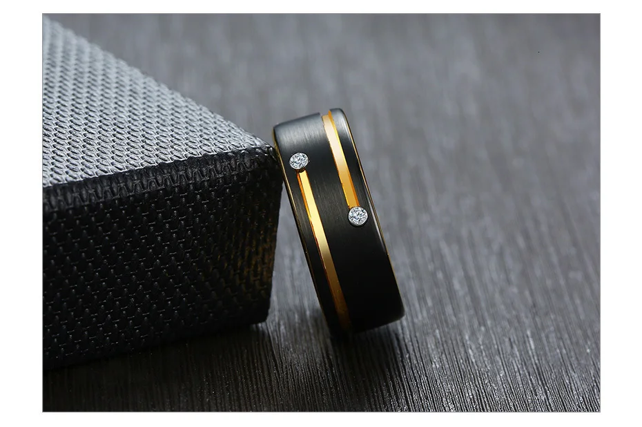 Vnox Free Custom Name Ring for Men Black Tungsten Carbide Wedding Band with Gold Tone Lines AAA CZ Stones Gent Anel