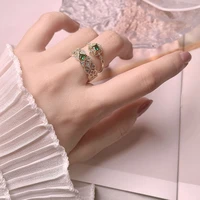 metal hollow inlaid ring opening adjustable vintage green rhinestone ring girl elegant women party jewelry gifts wholesale
