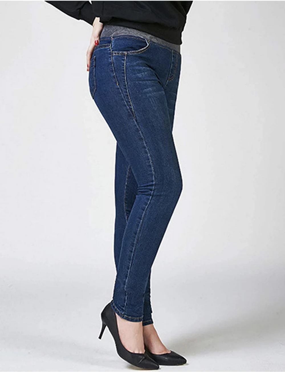 Women Casual Jeans High Waist Elastic Waist Pencil Pants Fashion Denim Trousers  Mom Jeans ouc549