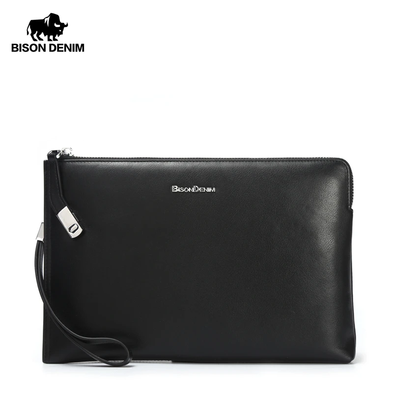 Мужской клатч из натуральной кожи BISON DENIM черный брендовый бумажник с замком для