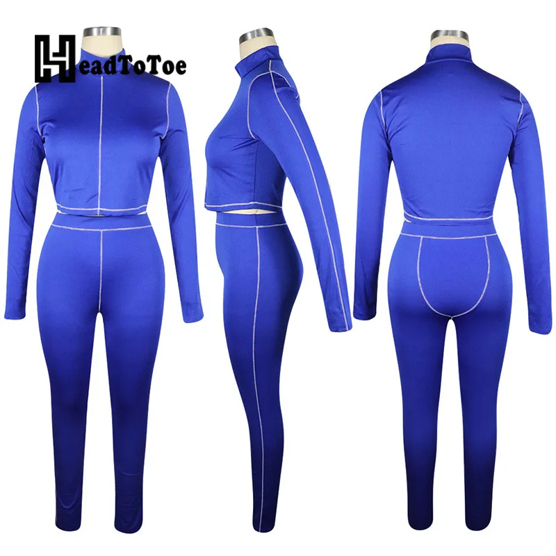 

Slim Skinny Sporty Solid Two Pieces Set Women Full Sleeve Stand Collar Two Piece Outfits