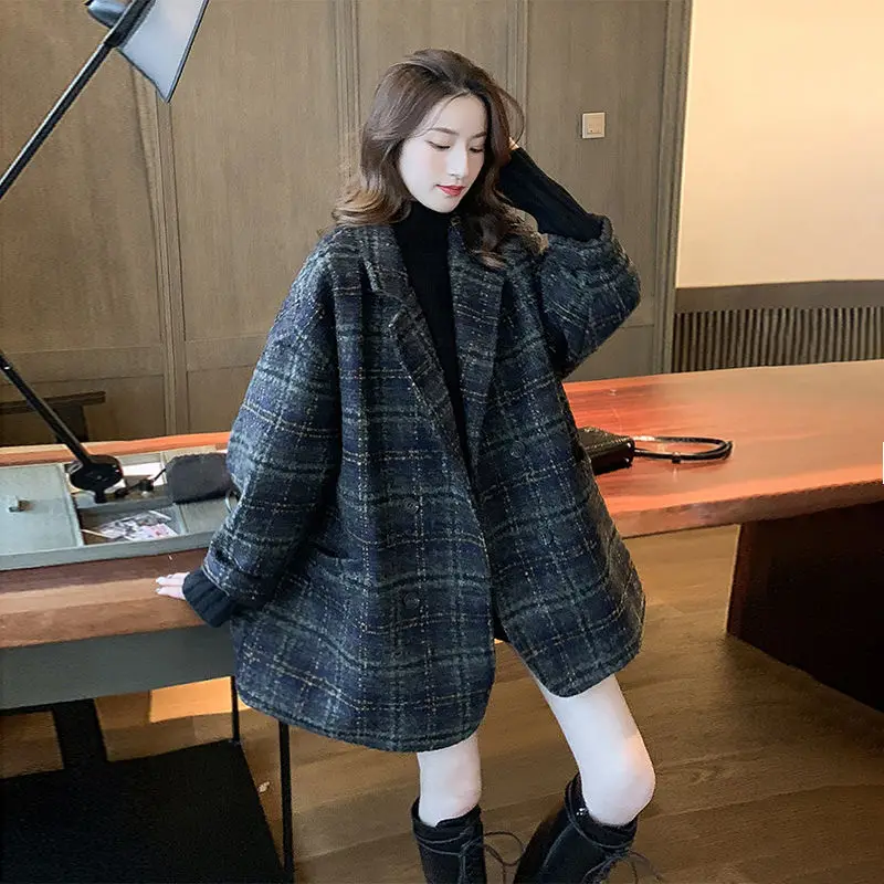 

Harajuku Woolen Plaid Jacket Female Korean Version of The School Long Section Ladies Coat 2020 Winter Leisure Loose Warm Jackets