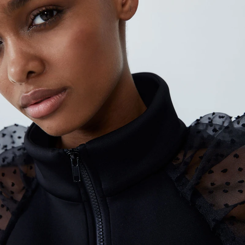 Женская полупрозрачная куртка с воротником-стойкой и длинным рукавом | одежда