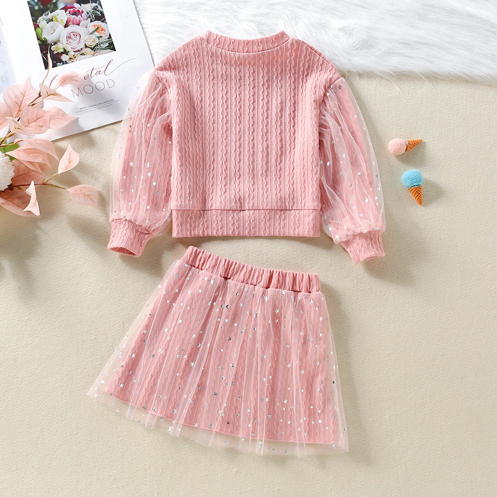 

1-6 Years Clothing Set Full Sleeve Girls Autumn 2pcs Outfit Sets Long Sleeve Round Neck Knit Tops + Pink Tulle A-line Skirt