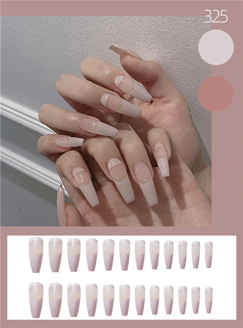 

Nail Art 24pcs Light Pink Nail Patch Sweet Style Glue Type Removable Super Long Paragraph Manicure Save Time False Nail Patch